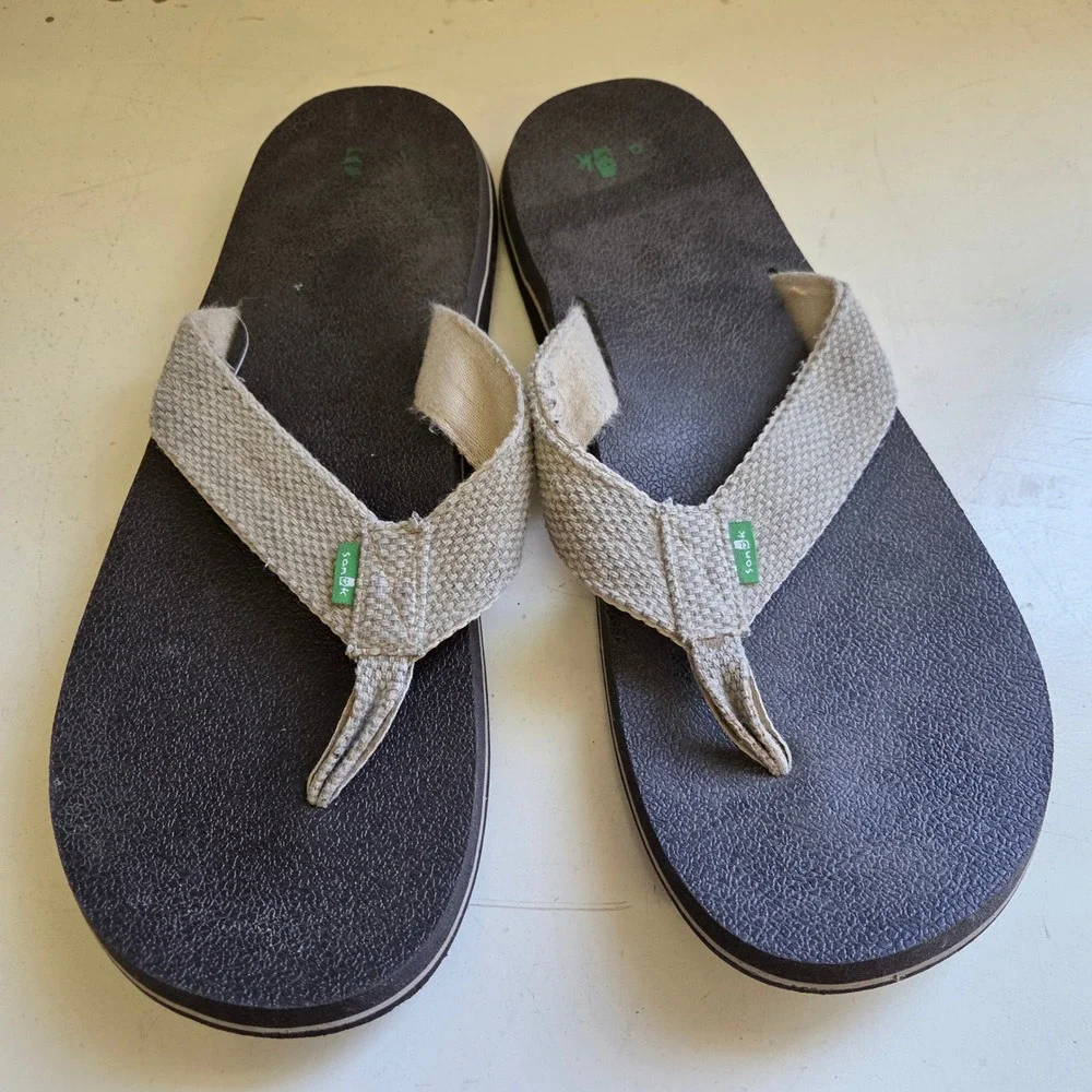 Sanuk Beer Cozy Mens Flip Flop Sandals Brown Tan Canvas Yoga Mat Size 14